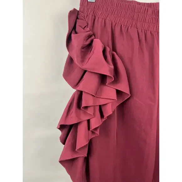 ASOS Ruffle Tapered Pants, Wine Red, 100% Polyester, Statement Joggers Lounge - Picture 4 of 13
